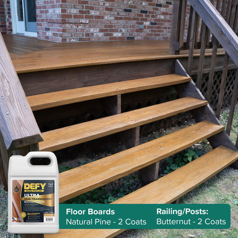 Badass Semi Transparent Outdoor Wood Stain And Sealer Combo Natural Pine Color One Gallon Bucket on deck steps with smooth satin finish.