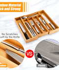 Sleek Expandable Bamboo Drawer Organizer For Kitchen Flatware Holder With Hassle Free Adjustable Compartments Cutlery Tray For Utensils showing secure storage of knives and forks.