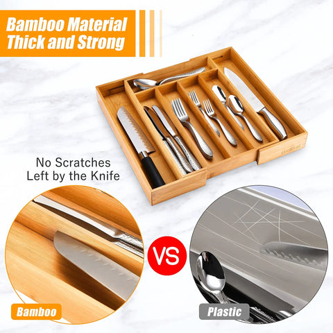 Sleek Expandable Bamboo Drawer Organizer For Kitchen Flatware Holder With Hassle Free Adjustable Compartments Cutlery Tray For Utensils showing secure storage of knives and forks.
