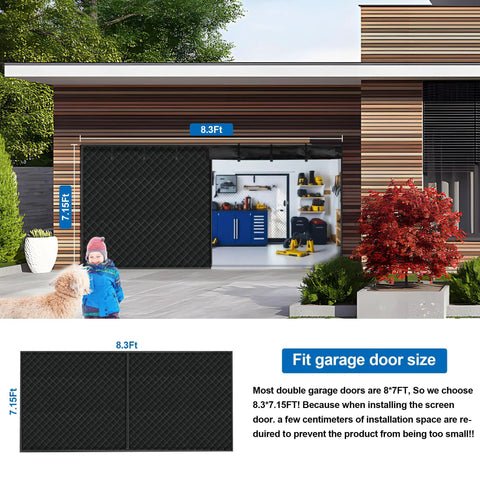 Heavy Duty Magnetic Screen Door For Two Car Garage With Upgraded PET Mesh Four Roll Up Straps Fits 196 By 98 Inches Perfect For Patio Vibes And Outdoor Living shown on modern garage with open layout
