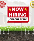 Now Hiring Signs Double Sided Yard Signs 17 Inches By 13 Inches With Stakes 2 Pack Corrugated Plastic positioned in grass