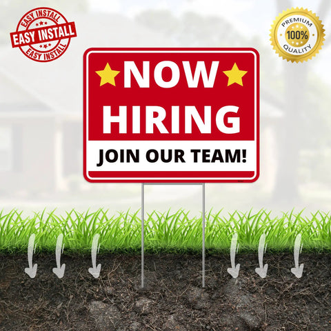 Now Hiring Signs Double Sided Yard Signs 17 Inches By 13 Inches With Stakes 2 Pack Corrugated Plastic positioned in grass