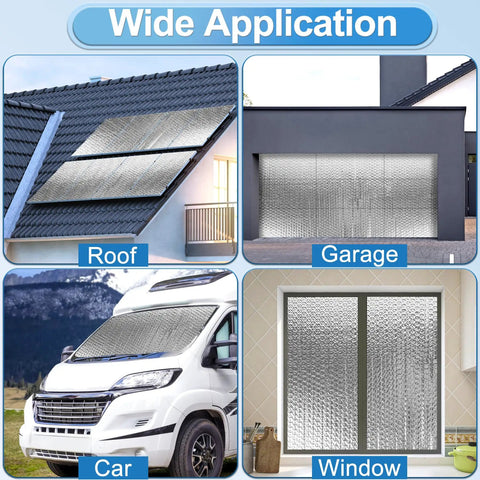 Top Shelf Garage Door Insulation Kit Hella Thick Double Bubble Reflective Heat Barrier used on roof, garage, car, and window.