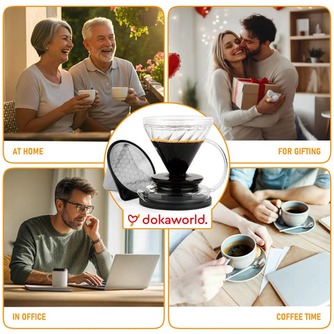 Premium Borosilicate Glass Pour Over Coffee Dripper With Reusable Stainless Steel Filter on a table, ready for coffee brewing.