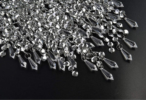 Close-up of acrylic jewel droplets on Three Tier Beads Pendant Shade Chandelier With Chrome Silver Frame Beaded Lampshade