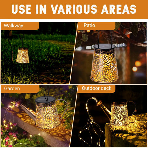 Solar Watering Can With Cascading Lights Two In One Outdoor Hanging Lantern Garden Decor for patio, lawn, and backyard use