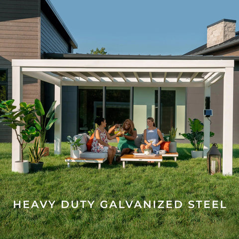Windham 14 Ft By 12 Ft Modern Galvanized Steel Pergola Kit With Shade Sail Canopy in garden with people sitting underneath