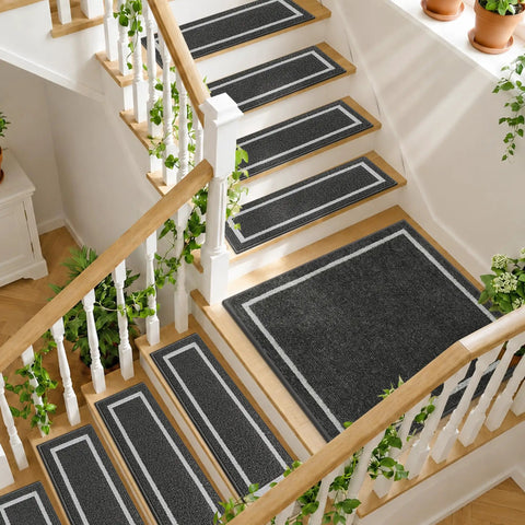 Soft Stair Treads Non Slip Carpet Mats 28 Inch By 9 Inch Indoor Stair Runners For Wooden Steps Kid And Pet Friendly No Glue Needed With TPE Backing 100 Percent Polyester 10 Pack covering wooden steps.