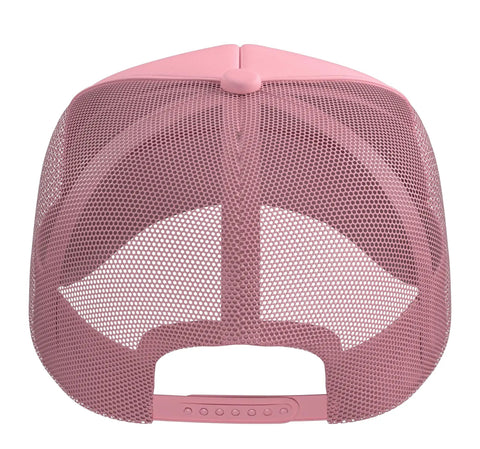 Back view of Pink Five Panel Trucker Hat For Warehouse Workers with adjustable mesh back and structured foam front crown
