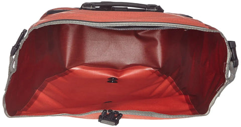 Interior view of Trail Ready Rear Rack Pannier Duo Set 20 Liter Waterproof Roll Top Cordura With Reflective Trim, Signal Red, open top