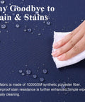 Hand wiping water droplets off blue waterproof outdoor chair cushion with text 'Say Goodbye to Rain & Stains'