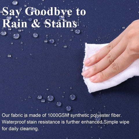 Hand wiping water droplets off blue waterproof outdoor chair cushion with text 'Say Goodbye to Rain & Stains'