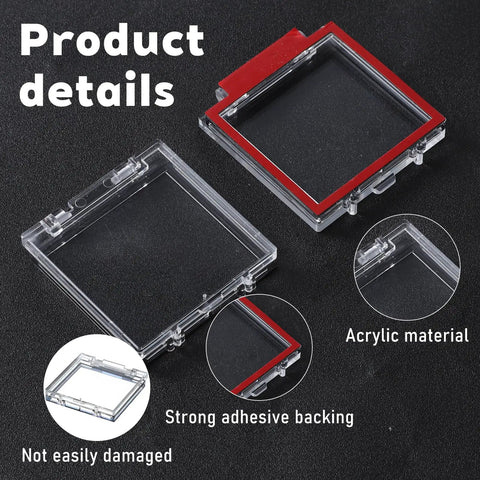 Two Pack Power Button Cover 55mm Dustproof Switch Protector with double sided tape showing acrylic material and adhesive backing