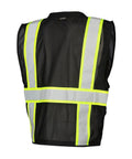 Men's Black Hi Vis Safety Vest With Six Spacious Utility Pockets And Cooling Mesh Back, bold reflective stripes view from the back.