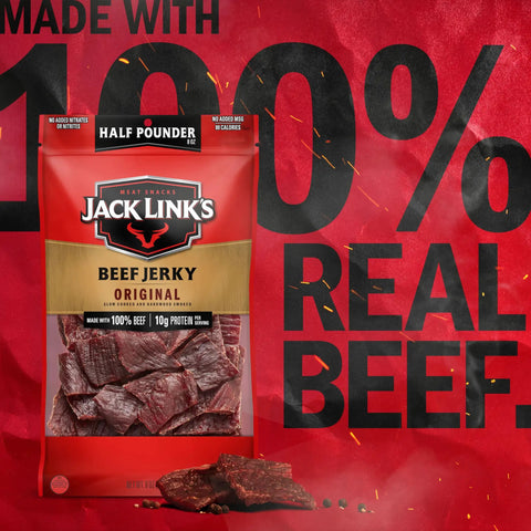 Original Beef Jerky Half Pounder Made With 100 Percent Real Beef Ready To Eat Protein Snack With 10g Per Serving In An 8 Oz Large Bag For Lunches And Outdoor Adventures, Jack Link's 8 oz bag