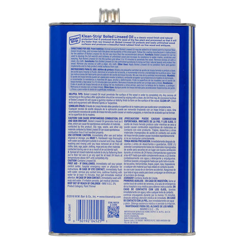 Klean-Strip Boiled Linseed Oil for wood care sealing and finishing in a blue metal container with label instructions on back side