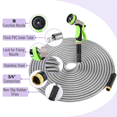 Stainless Steel Garden Hose 25 Ft Heavy Duty Flexible Water Hose With 10 Function Spray Nozzle No Kink Lightweight Puncture Proof