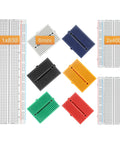 Image of a Solderless Prototype Breadboard Kit with 1x830 tie grid, 2x400 tie points, and 6x170 mini modular breadboards in various colors.