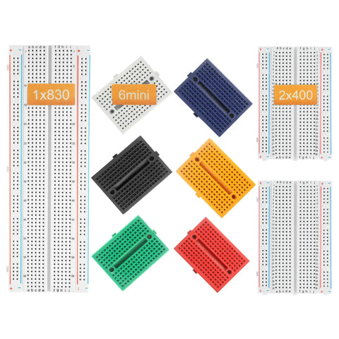 Image of a Solderless Prototype Breadboard Kit with 1x830 tie grid, 2x400 tie points, and 6x170 mini modular breadboards in various colors.