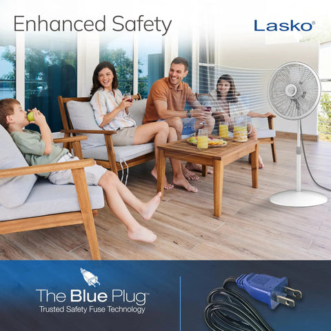 Family sitting in living room with Oscillating Pedestal Fan With Adjustable Height From 38 To 54.5 Inches Tilt Adjustable 3 Speed Options Portable 18 Inch White Standing Fan For Bedroom And Living Room nearby.