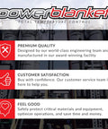 Powerblanket advertisement showcasing premium quality, customer satisfaction, and safety benefits.
