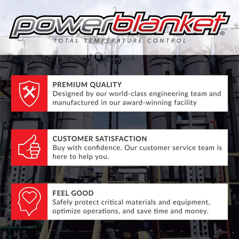 Powerblanket advertisement showcasing premium quality, customer satisfaction, and safety benefits.