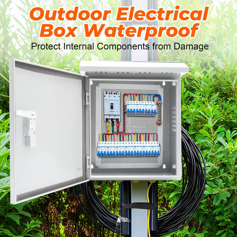 Tough As Nails Weatherproof Electrical Junction Box With Dual Slope Rain Guard showing internal wiring setup in protective outdoor enclosure.