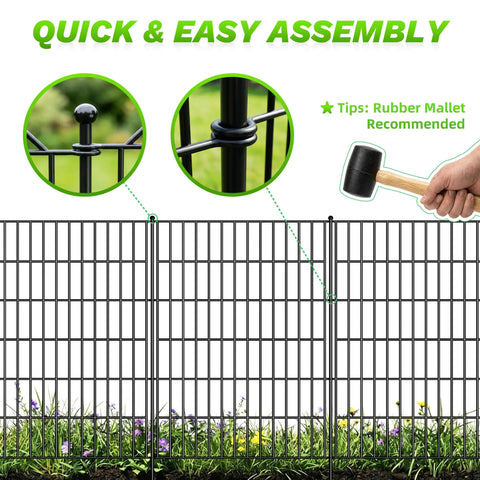 No Dig 10 Panel Decorative Garden Fence With Gate For Yard Patio And Flower Beds Rustproof Wrought Iron Dog Fence Outdoor Barrier 40In High By 25Ft Long Ideal For Dogs And Rabbits with close-up of assembly using rubber mallet.