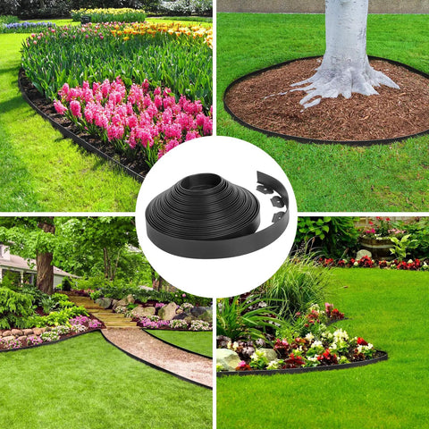 2 Inch Landscape Edging Border Kit with 100 Anchoring Spikes shown in gardens, flexible 66-foot black plastic edging. No digging install.