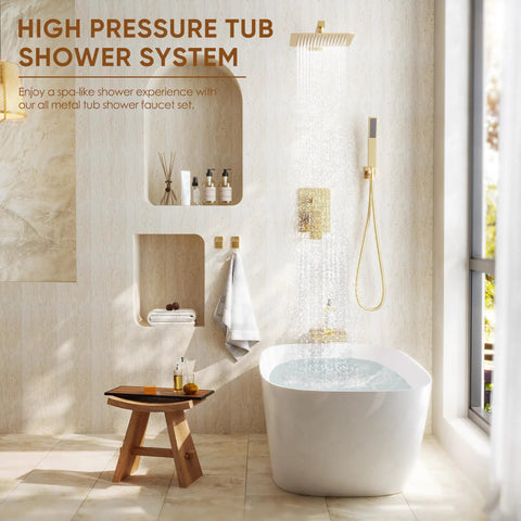 Top Tier Brushed Gold Shower System Features A Ten Inch Rain Showerhead And Tub Spout Cast From Solid Brass With Absolutely Zero Plastic Tubes For Rust Proof Bathroom Setup That Runs Slick Every Time