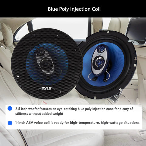 6.5 Inch Triaxial Car Speaker System 180W RMS 360W Peak 4 Ohm Impedance Three Quarter Inch Piezo Tweeter Round Full Range Loud Audio Blue PL63BL Bass Packed Upgrade for Your Car Stereo, blue cone with grille