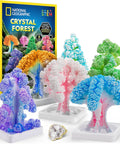 Crystal Growing Tree Kit For Kids with colorful crystal-covered trees and geode specimen next to box display.