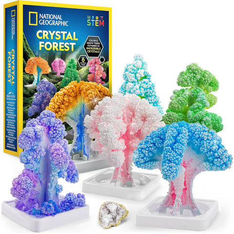 Crystal Growing Tree Kit For Kids with colorful crystal-covered trees and geode specimen next to box display.