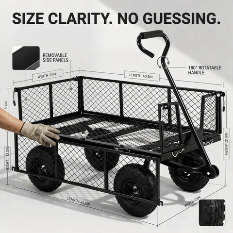 Heavy Duty 1000 Lbs Capacity Mesh Steel Garden Cart Pullable Wagon On Wheels Folding Utility Wagon With Removable Sides For Outdoor Yard Lawn Black Finish showing dimensions and handle
