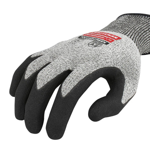 Dyneema Cut-Protection Touchscreen Glove, 13-Gauge A2 Shell, ANSI Cut Level A2, close-up showing black foam nitrile coating.