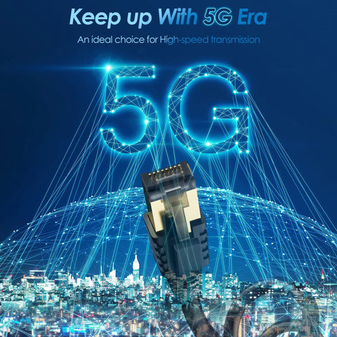 Long 50 Foot CAT7 Ethernet Patch Cable SFTP Triple Shielded with cityscape and 5G graphics