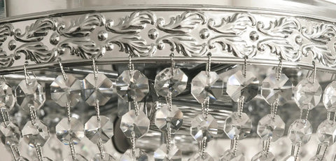 Detailed view of Two-Light Round Crystal Flush Mount Ceiling Light In Antique Brass Finish, showcasing elegant crystal design.