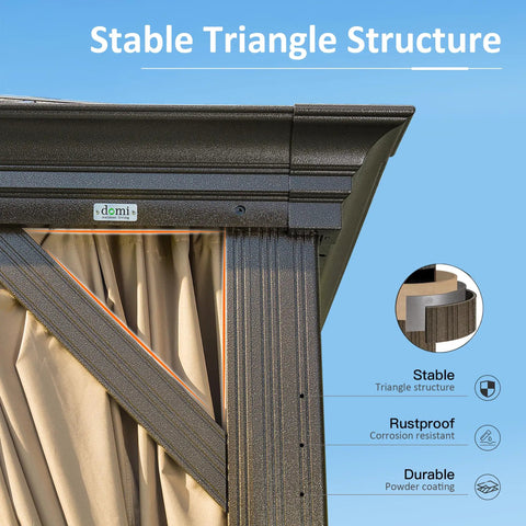 Corner detail of 10x12 Hardtop Gazebo With Gutters And Galvanized Double Roof For Year-Round Outdoor Living, showing frame stability.