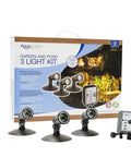 Three Pack LED Pond And Landscape Spotlight Kit with 1 Watt LEDs in packaging, showing lights and transformer next to the box
