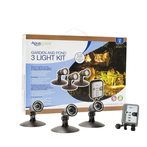 Three Pack LED Pond And Landscape Spotlight Kit with 1 Watt LEDs in packaging, showing lights and transformer next to the box