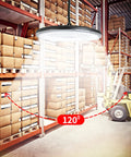 150W LED High Bay Lights 4 Pack UFO 6000K Daylight, 22,500 Lumens illuminating warehouse shelving with forklift