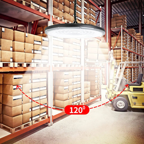 150W LED High Bay Lights 4 Pack UFO 6000K Daylight, 22,500 Lumens illuminating warehouse shelving with forklift