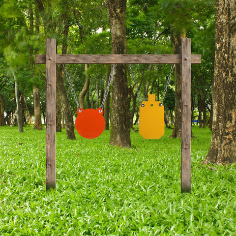 AR500 Steel Target With Gong Mounting Kit And Neon Color Hostage Target for outdoor range shooting in a forest setting.