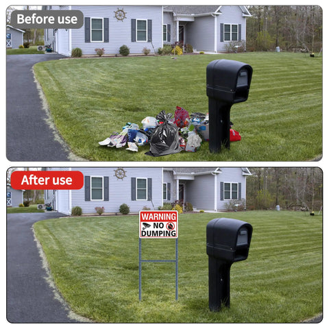 No Nonsense Heavy Duty No Dumping Signs 2 Pack Stand Your Ground On Private Property Video Surveillance Alert Reflective Aluminum Weatherproof Built Like A Tank 10X7 Red White displayed in a yard to deter dumping.