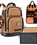 Heavy Duty Tool Backpack With Combo Lock And Dual Canvas Pouches Built Like A Tank For Electricians And Contractors Kicking It High On The Daily Grind In Brown with side pockets and tool organizer