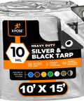 Heavy Duty 10x15 Poly Tarp 10 Mil Thick Waterproof UV Blocking Outdoor Cover Laminated Silver And Black Reversible Coating With Grommets Tough As Nails Weatherproof Shield For Gear Equipment And Vehicles