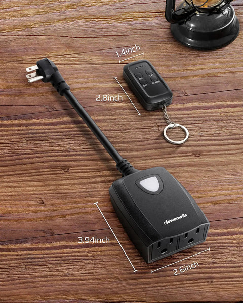 Outdoor Dimmable String Light Dimmer With 100 Foot Control Range Weatherproof 125V Dimmer Switch shown with remote on wood surface.