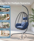 Foldable Egg Chair With Stand For Indoor And Outdoor Use Wicker Rattan Swing Chair 485 Lbs Capacity Strong Iron Frame UV Resistant Cushion Patio Balcony Blue on a patio