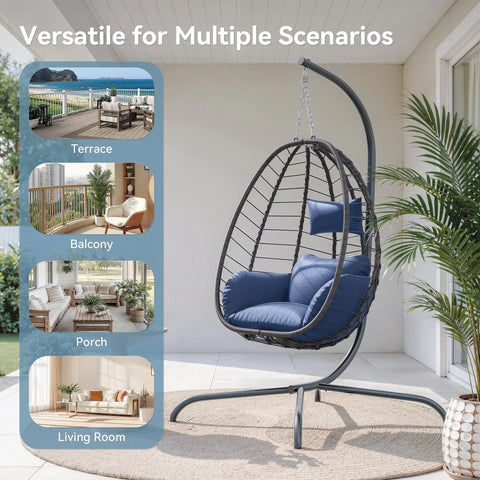 Foldable Egg Chair With Stand For Indoor And Outdoor Use Wicker Rattan Swing Chair 485 Lbs Capacity Strong Iron Frame UV Resistant Cushion Patio Balcony Blue on a patio