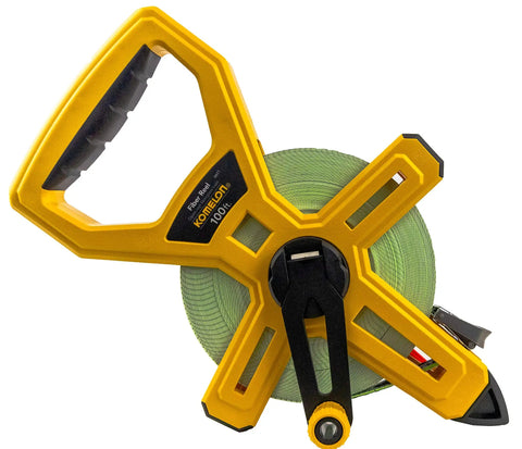 Open Reel Fiberglass Tape Measure 100 Feet One Half Inch Wide Built Tough Go To Tool with yellow body and end hook
